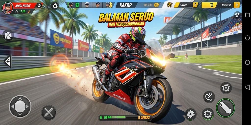 Screenshot gameplay KAKRP yang menunjukkan aksi balapan motor.