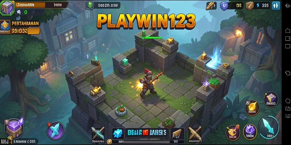 Screenshot gameplay PLAYWIN123 menampilkan menara pertahanan sedang beraksi.