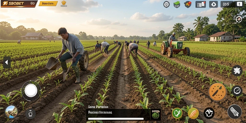 Screenshot gameplay SBOBET yang menampilkan pertanian yang rimbun dan interaksi sosial.